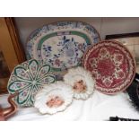 A large painted platter & 2 Cherub plates & other plates