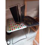 2 retro folding metal tables & a magazine rack