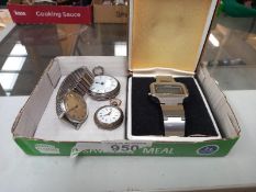 2 silver pocket watches & 2 wristwatches