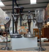 A pair of silver plate candelabra & 2 glass