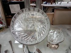 A cut glass nut dish on silver plate stand & 1 other item