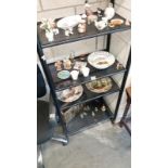 4 shelves of ceramics and brass