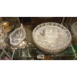 A cut glass nut dish on silver plate stand and 1 other