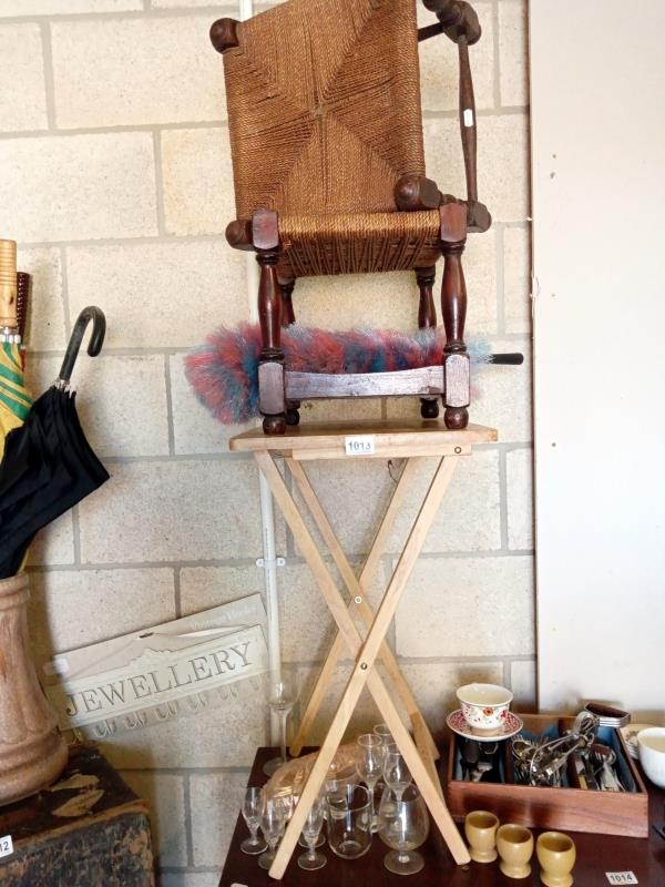 2 hessian top stools and a pine occasional table