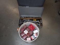 A metal cased socket set & a bucket of Rawl plugs