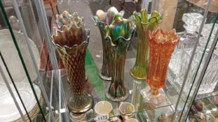 6 assorted carnival glass vases