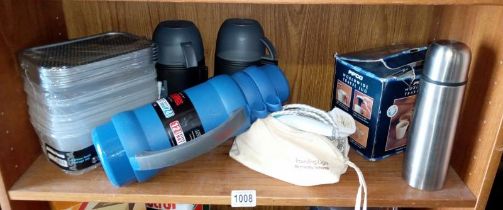 A good lot of vacuum flasks, travel iron, jug and boxes
