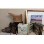 A mixed lot including postcards, boots, mini sewing machine and others