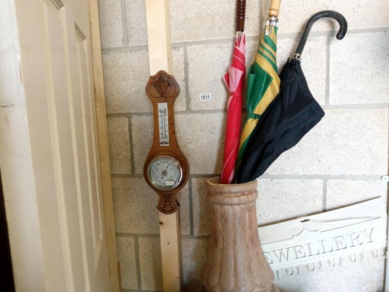 A banjo barometer, jewellery hooks and a walking stick/umbrella pot