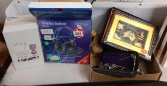 A mixed lot of items including Colour match lamp & cordless headphones etc.