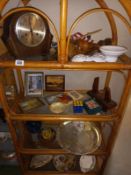 A 4 shelf unit including vintage collectables including oak mantle clock etc. Collect Only.