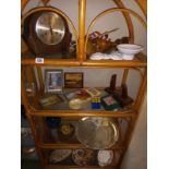 A 4 shelf unit including vintage collectables including oak mantle clock etc. Collect Only.