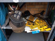 2 motorcycle seats, USA & English number plates and a vintage helmet etc. Collect Only.