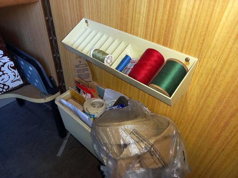 An electric sewing machine in cabinet with contents. Collect Only. - Image 4 of 5