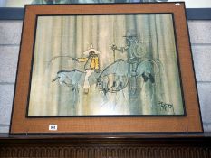 An original 60's rattan frame 'Don Quixote' print signed Paxton