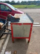 A 5" x 3" steel topped workbench with lockable cupboard & a 'Record' 84 quick release vice.