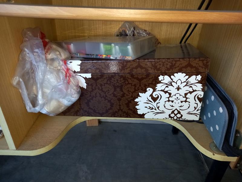 An electric sewing machine in cabinet with contents. Collect Only. - Image 3 of 5