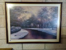 A framed and glazed, matt finish, river scene. 104 cm x 78cm. Collect Only.