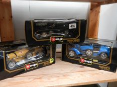 3 boxed Burago 1:188 cars, 2 Bugatti and 1 Mercedes 300SL