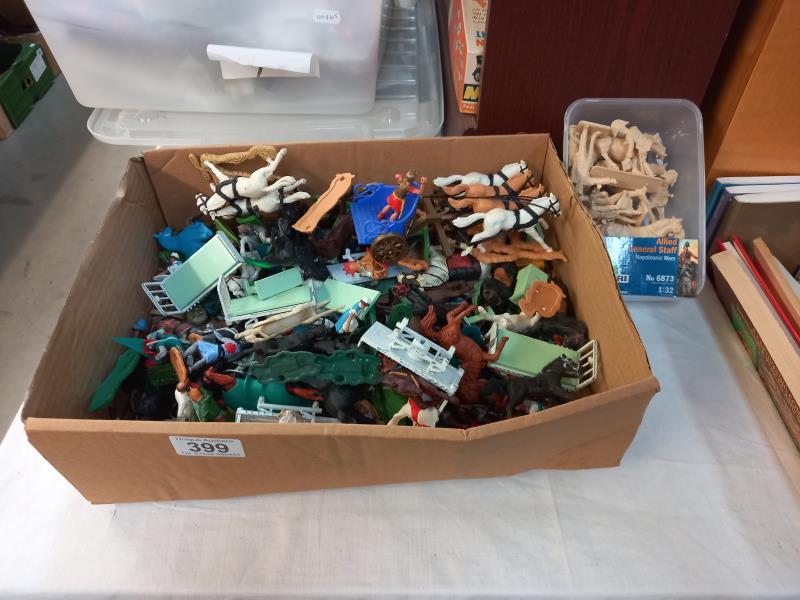 A box of Britons hospital beds etc and good selection of plastic horse figures etc