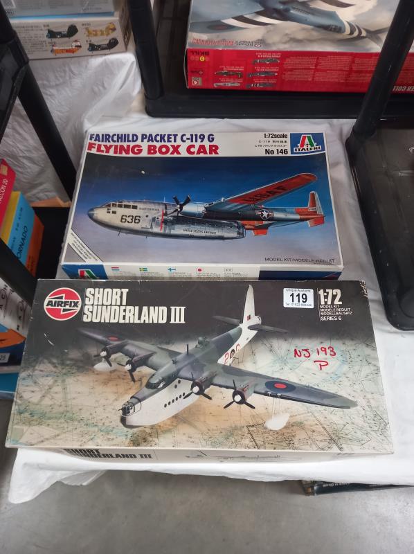 An airfix short Sunderland III model kit No 06001, scale 1:72 and an Italeri flying box car kit,