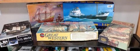 5 Plastic ship model kits including Airfix Great Western, Revell Mayflower etc