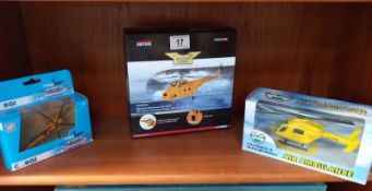 3 boxed helicopters, Corgi AA39101, Corgi CS90607, and Lincs, Notts air ambulance model