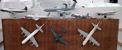 A selection of assembled plastic model aircraft from kits