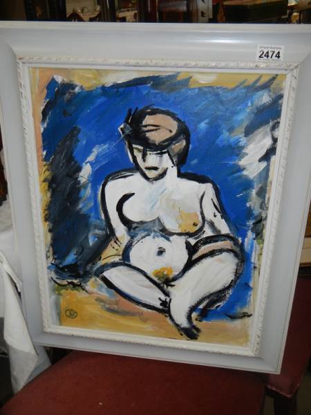 A 20th century British school acrylic on board with monogram 'Blue Nude' (verso still life)