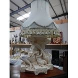 A figural table lamp with shade.