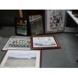 A collection of framed and glazed Manchester United prints,Manchester United Team of the 90's mirror