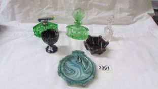 A mixed lot of coloured glass including perfume bottles.