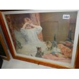 A framed and glazed Pears style print of young girl with kittens.