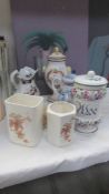 A mixed lot including storage jars, jugs, cheese dish etc., COLLECT ONLY.