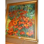 A large oil on board painting of flowers, COLLECT ONLY.