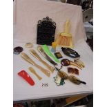 A mixed lot including letter rack, crumb tray with brush, shoe horns etc.,