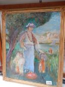 A British school oil on canvas entitles 'The Governess' with children on river bank.