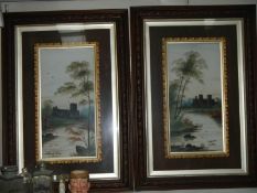 A pair of framed and glazed castle scenes by L Lacey, COLLECT ONLY.