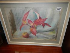 A pastel painted entitled 'Leaves and an Apple' by Winifred Evans.