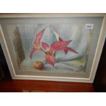 A pastel painted entitled 'Leaves and an Apple' by Winifred Evans.