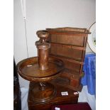 A mahogany writing box, an oak cake stand and a miniature oak dresser.