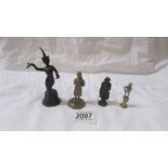 Four metal and brass figurines including one of Napoleon.