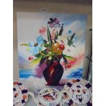 A modern unframed oil on canvas of a vase of flowers. COLLECT ONLY.