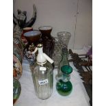 A pair of glass vases, a large cube glass jug, a soda syphon and other glass ware. COLLECT ONLY.