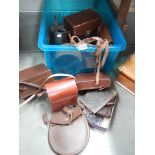 A box of leather camera cases, collar boxes etc.,