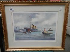 A framed and glazed print of Titanic leaving Southampton signed K N Burton, COLLECT ONLY.