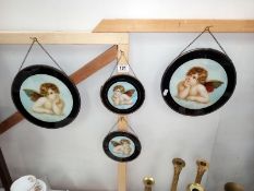 4 19/20th century pictorial cherubs under glass wall plaques. 1 frame A/F