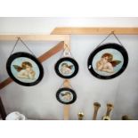 4 19/20th century pictorial cherubs under glass wall plaques. 1 frame A/F