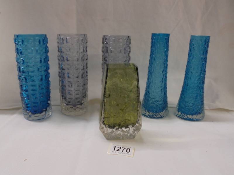 Six Whitefriars style glass vases.