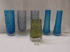 Six Whitefriars style glass vases.